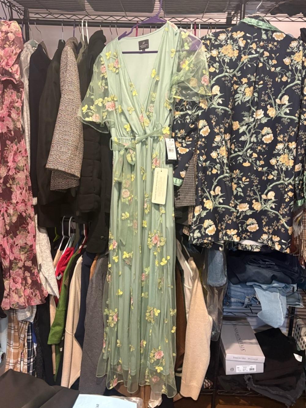 Adrianna Papell Light Green Floral Embroidered Wrap Maxi Dress